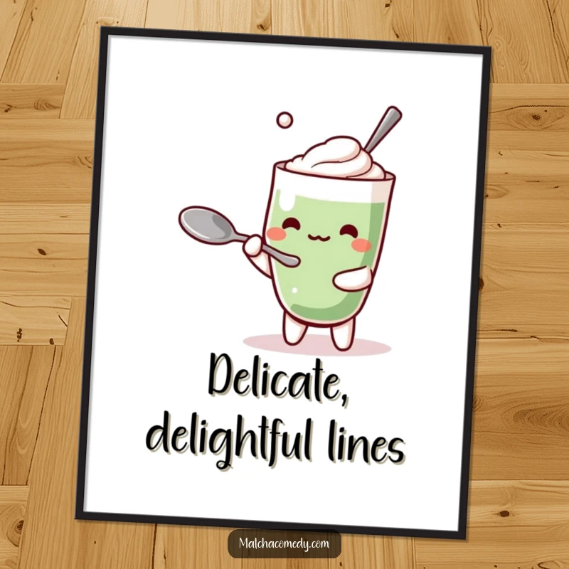Funny Kawaii Matcha Latte Digital Art Print: High-resolution humorous illustration of a cute character struggling to balance a spoon.