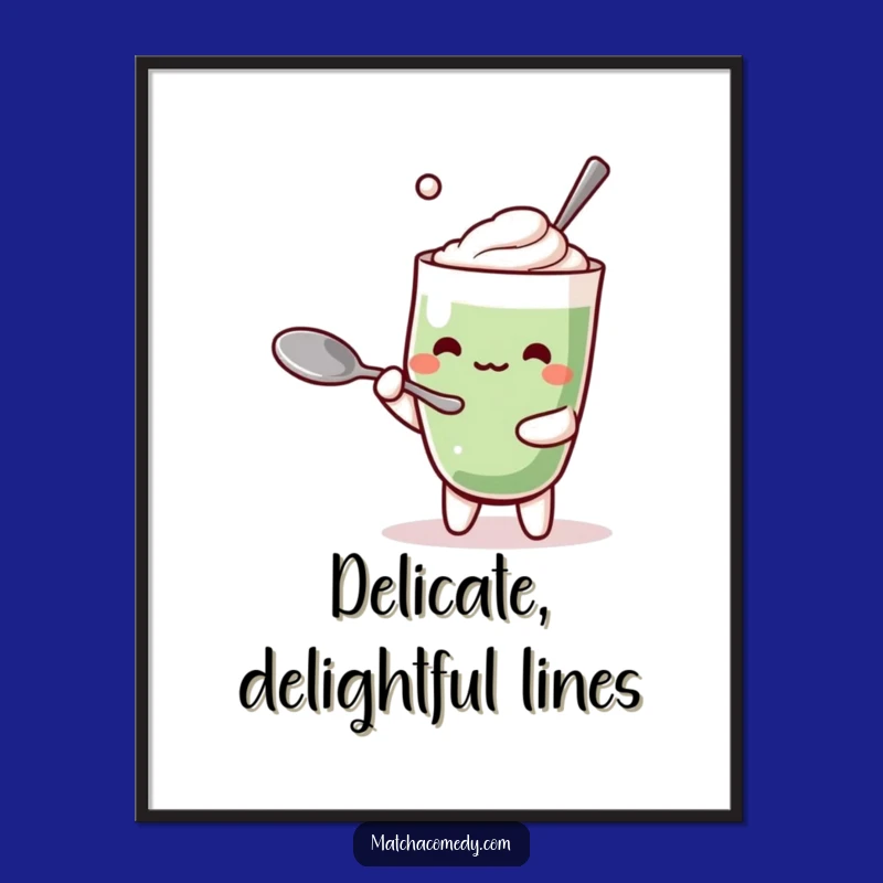 Funny Kawaii Matcha Latte Digital Art: Balancing Spoon Print, Instant Funny Gift Download