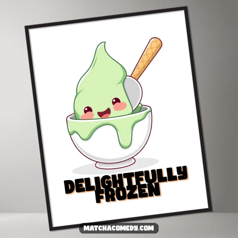 Funny, happy matcha ice cream scoop diving into a bowl in this downloadable digital art print.