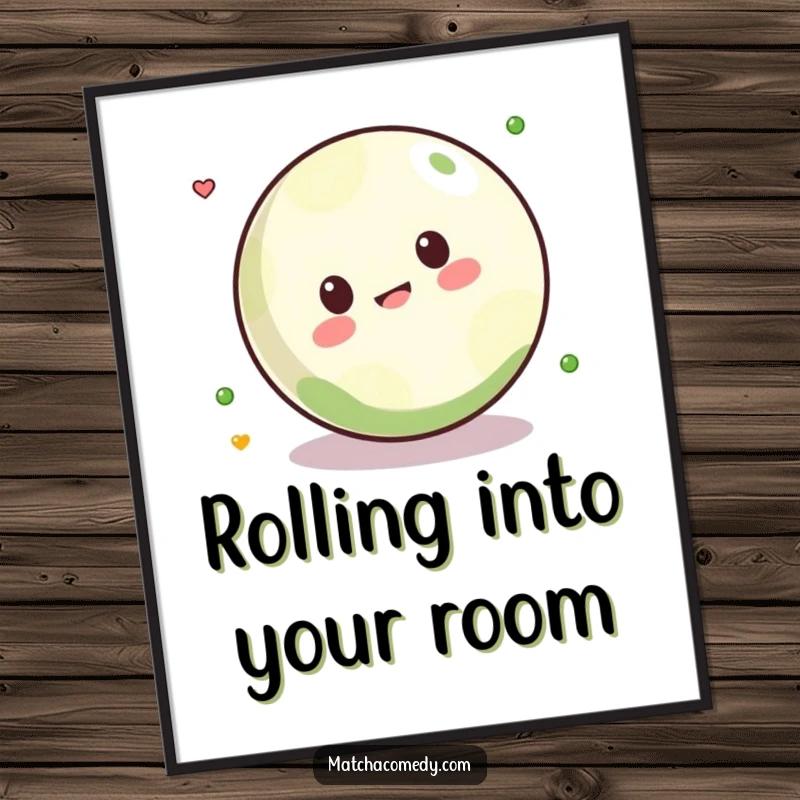 Funny Kawaii matcha ball playfully rolling in a vibrant digital art print, perfect for humorous home decor.