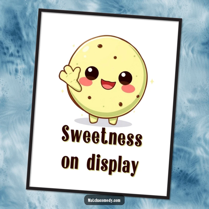 Funny Kawaii Matcha Cookie Digital Art Print: A high-resolution humorous illustration of a cute character waving.