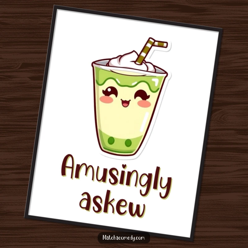 Funny Kawaii Matcha Drink Digital Art Print: High-resolution humorous illustration of a cute character with a straw sticking out amusingly.