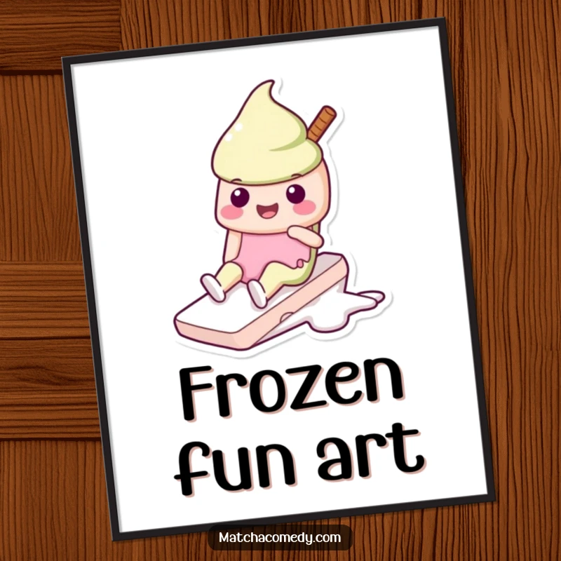 Funny Kawaii matcha ice cream digital art print with a character happily sliding, ready for download and display.