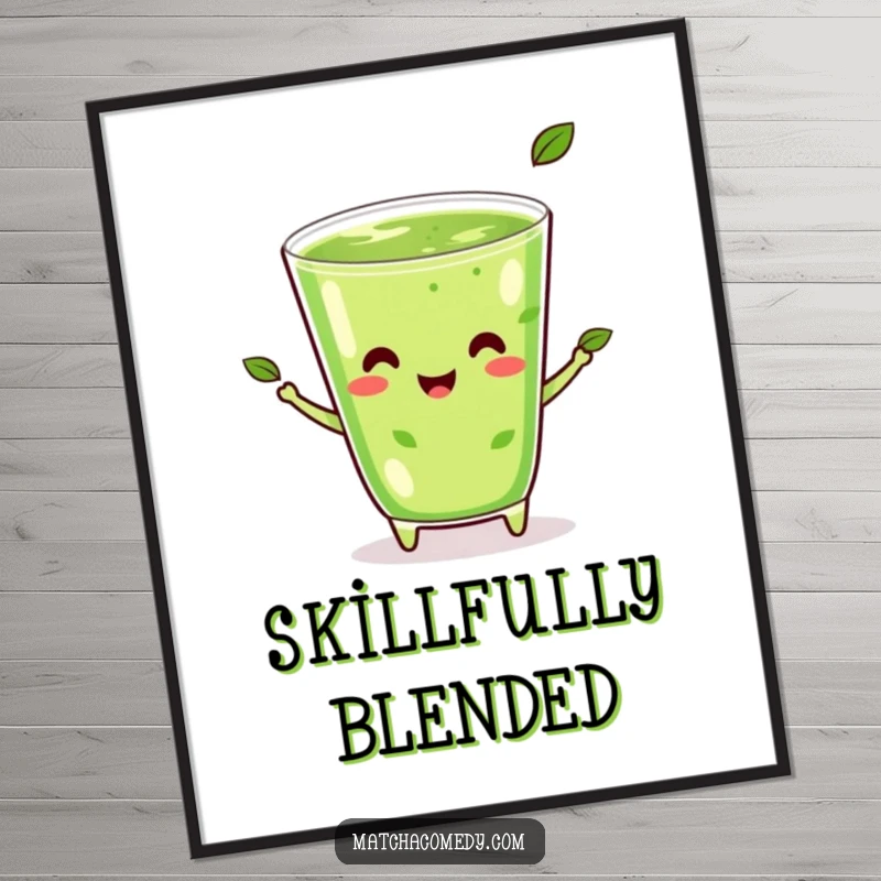 Funny Kawaii Matcha Juggling Digital Art Print: A happy matcha beverage artfully juggling three tiny tea leaves.