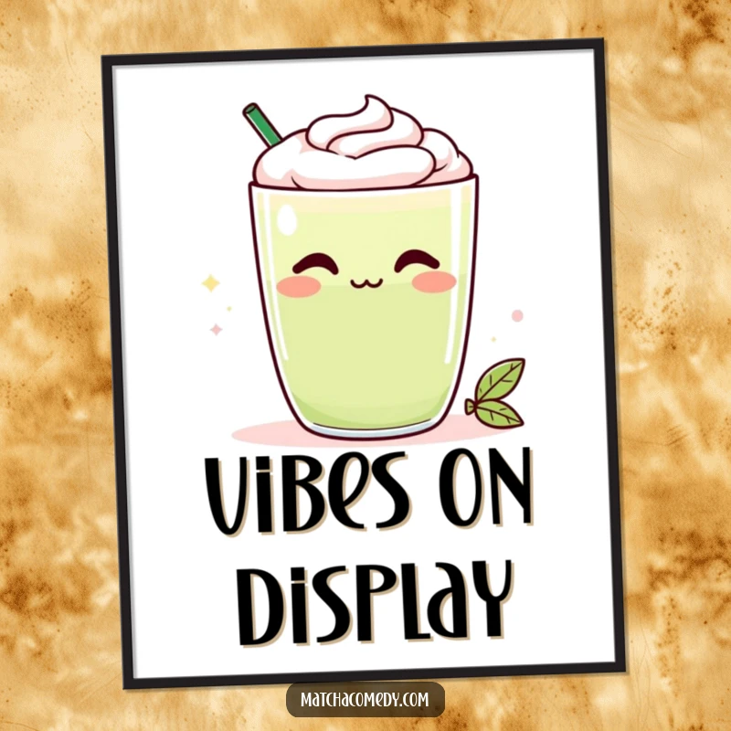 Funny Kawaii matcha latte digital art print with a cheeky smirk, ready to be displayed for humorous and cute home decoration, perfect gift.