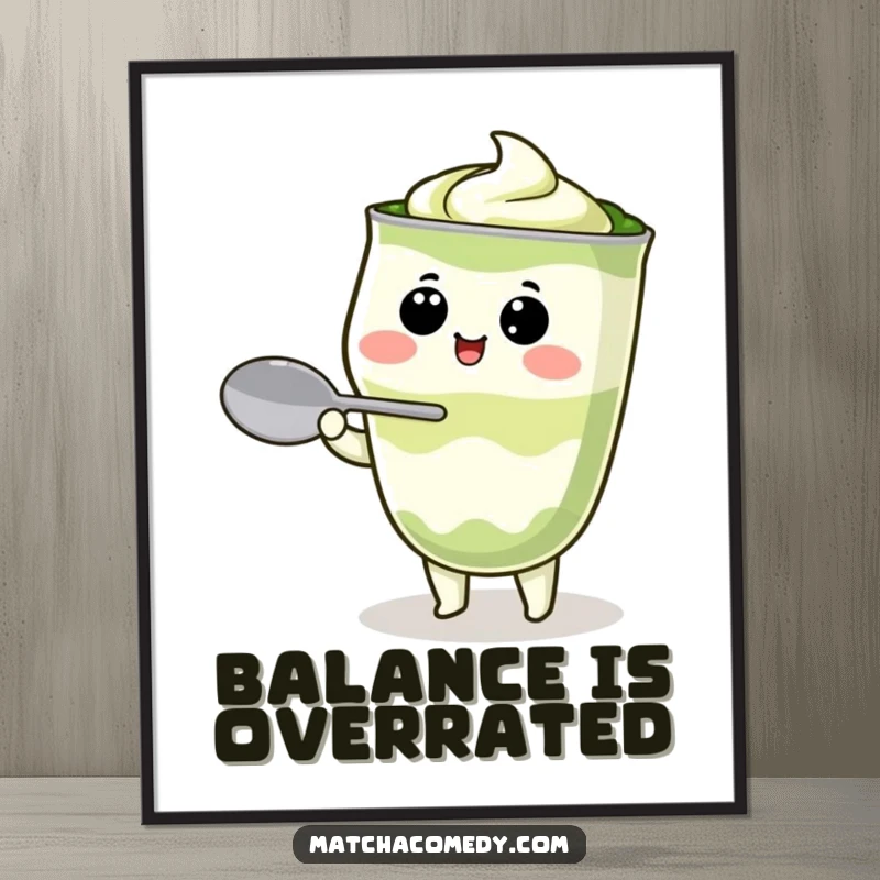 Funny Kawaii matcha latte character humorously trying to balance a spoon, high-resolution digital art, perfect for framing.
