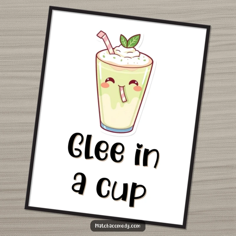Funny Kawaii Matcha Latte Sipping Digital Art Print: A happy matcha latte with a tiny straw, sipping with glee.
