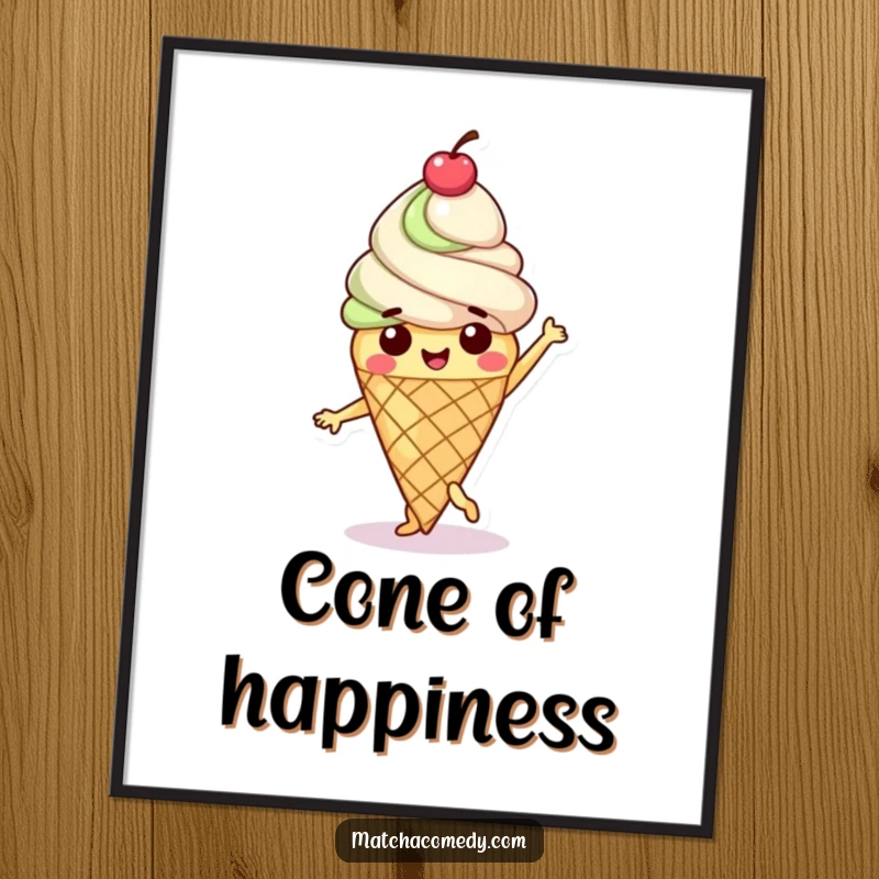 Funny Matcha Ice Cream Cone Digital Art Print with a happy character doing a sweet dance and a cherry on top.