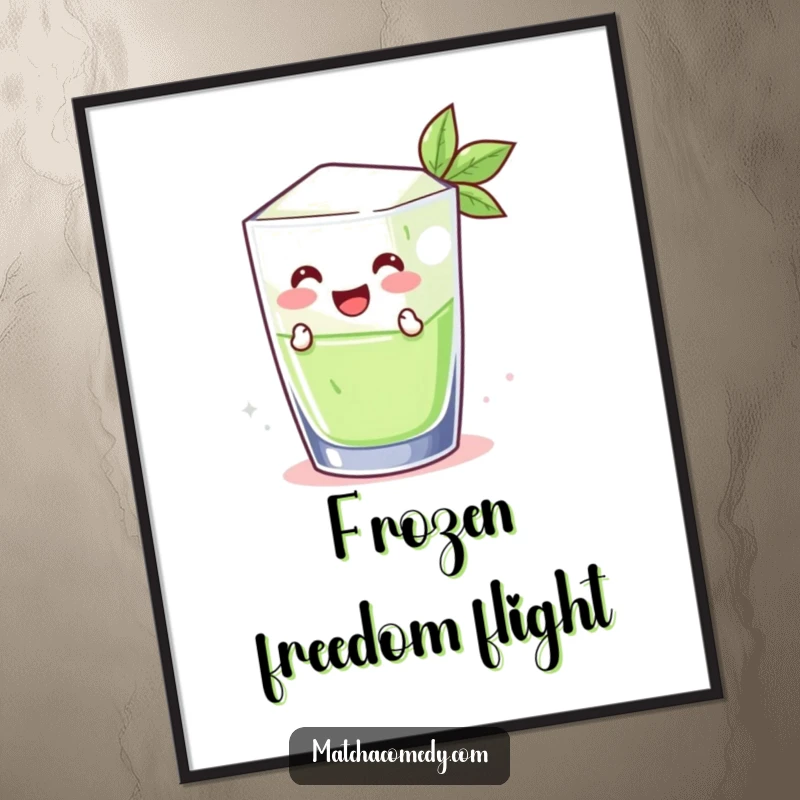 Funny smiling matcha ice cube leaping from a glass, available as a high-resolution digital art print. Pure, cool fun.