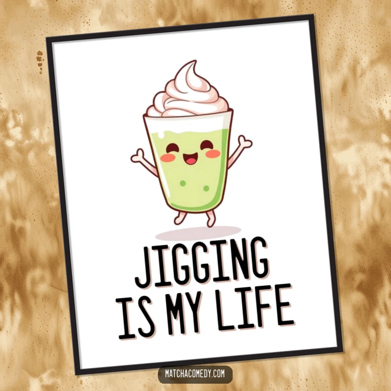 Funny dancing kawaii matcha latte with whipped cream, doing a cheerful jig, digital art.