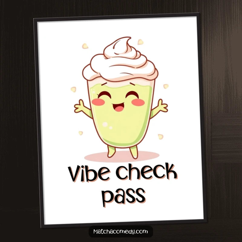 Funny Matcha Latte Digital Art Print featuring a cheerful character shimmying with foamy swirls, creating a lively atmosphere.