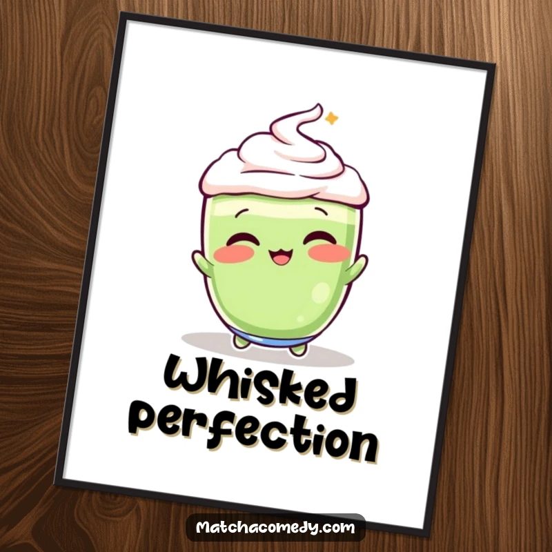 Funny, vibrant matcha latte in a dynamic whisking pose in this downloadable digital art print.