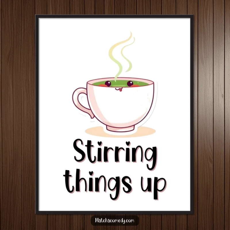 Funny matcha tea cup character contentedly stirring, creating a peaceful swirl on this downloadable digital art print radiating calm humor.