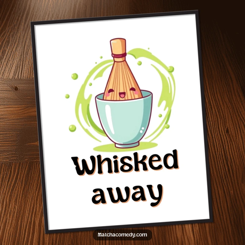 Funny matcha tea whisk captured in a vibrant, energetic spin, ready to be printed as cheerful digital art.