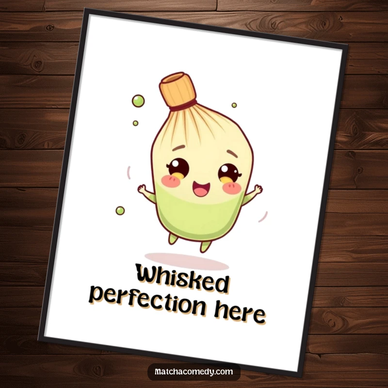 Funny Matcha Whisk Digital Art Print: A vibrant, high-resolution image of a character spinning with delight, ready for download.