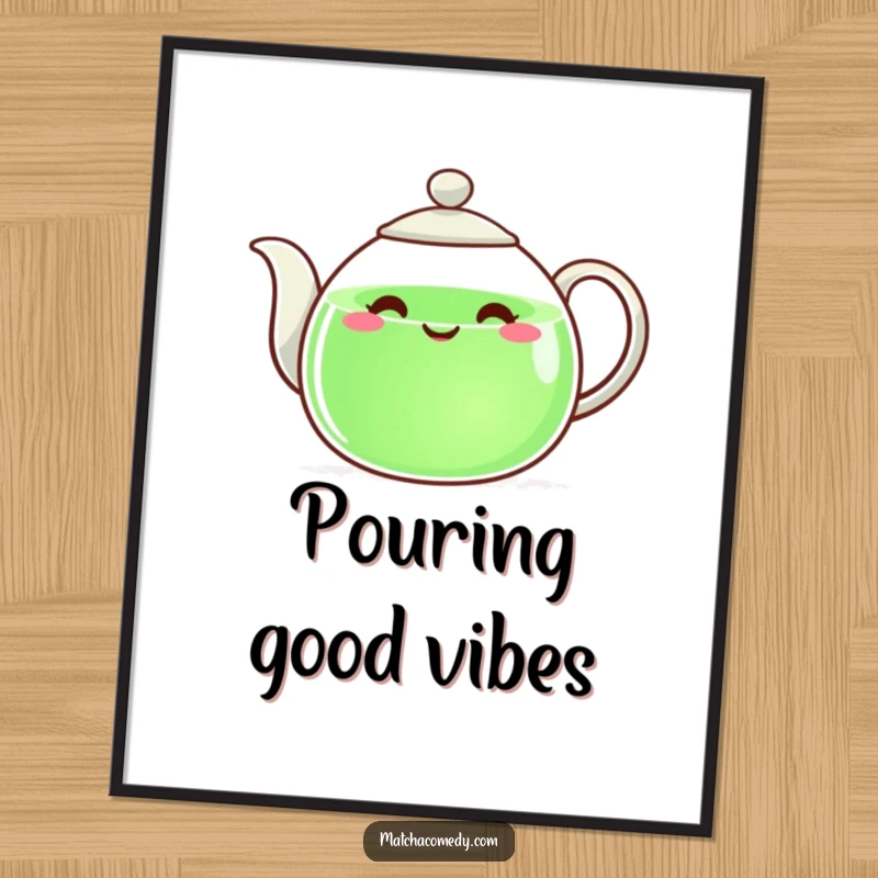 Funny teapot with a happy face pouring green liquid, ready to be printed as cheerful digital art.