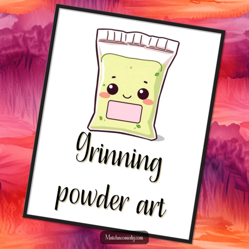 Funny Kawaii matcha powder bag digital art print with a character peeking out with a grin, ready for download.