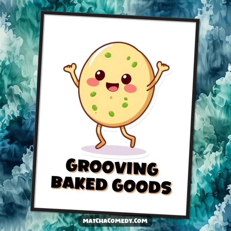 Funny matcha cookie with legs doing a silly dance, available as a high-resolution digital art print. Pure, quirky fun.