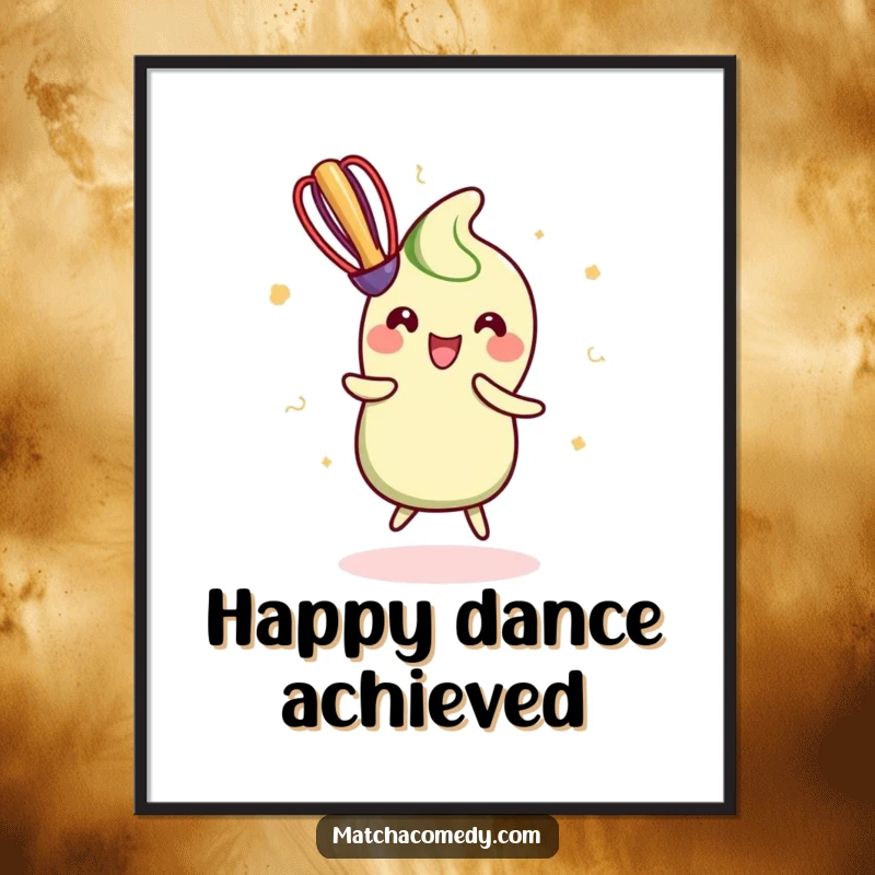 Funny Digital Art Print of a kawaii matcha whisk doing an uncontainable happy dance, perfect for adding a dynamic flair.