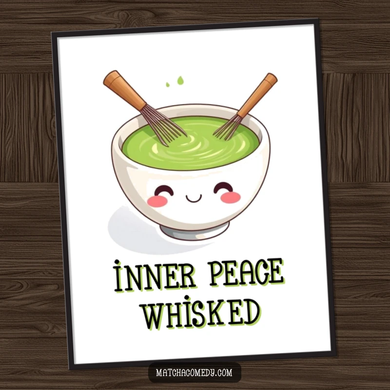 Funny kawaii matcha tea bowl digital art print, smiling and actively whisking itself.