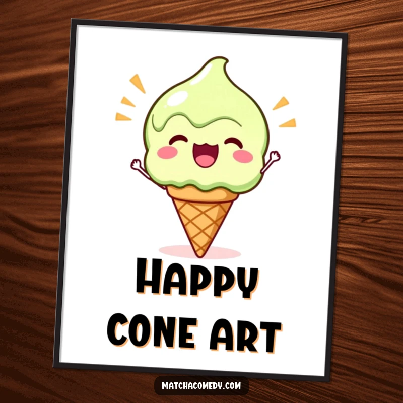 Funny Kawaii Matcha Ice Cream Digital Art: A high-resolution image of a cute matcha ice cream cone cheering enthusiastically.