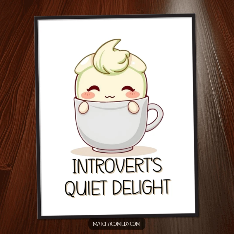 Funny Matcha Latte Digital Art Print of a blushing character shyly hiding behind a teabag, perfect for a soft and sweet digital display.