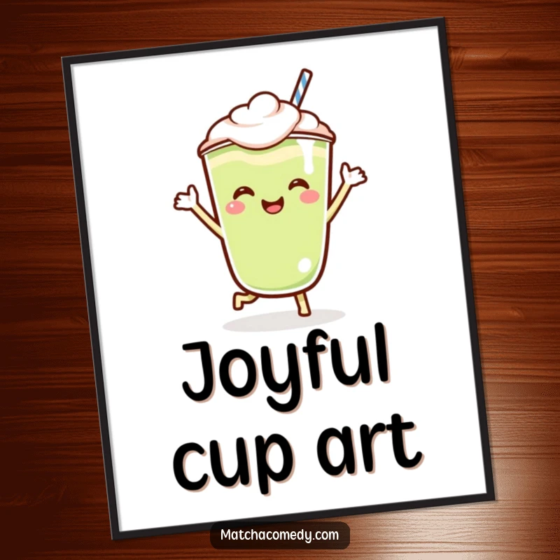 Funny Kawaii matcha latte digital art print featuring a character doing a joyful jig, ready to download and display.