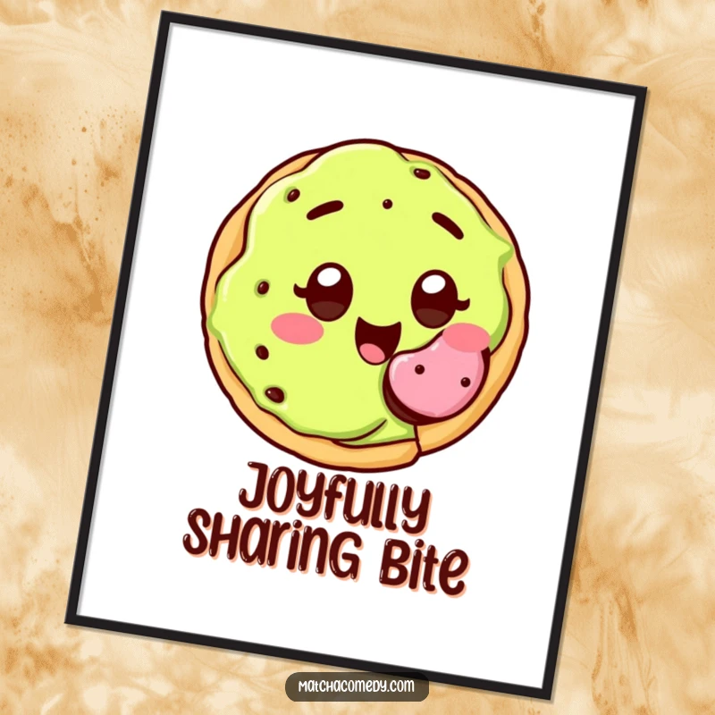 Funny kawaii matcha cookie with wide, joyful eyes, happily offering a bite, digital art.