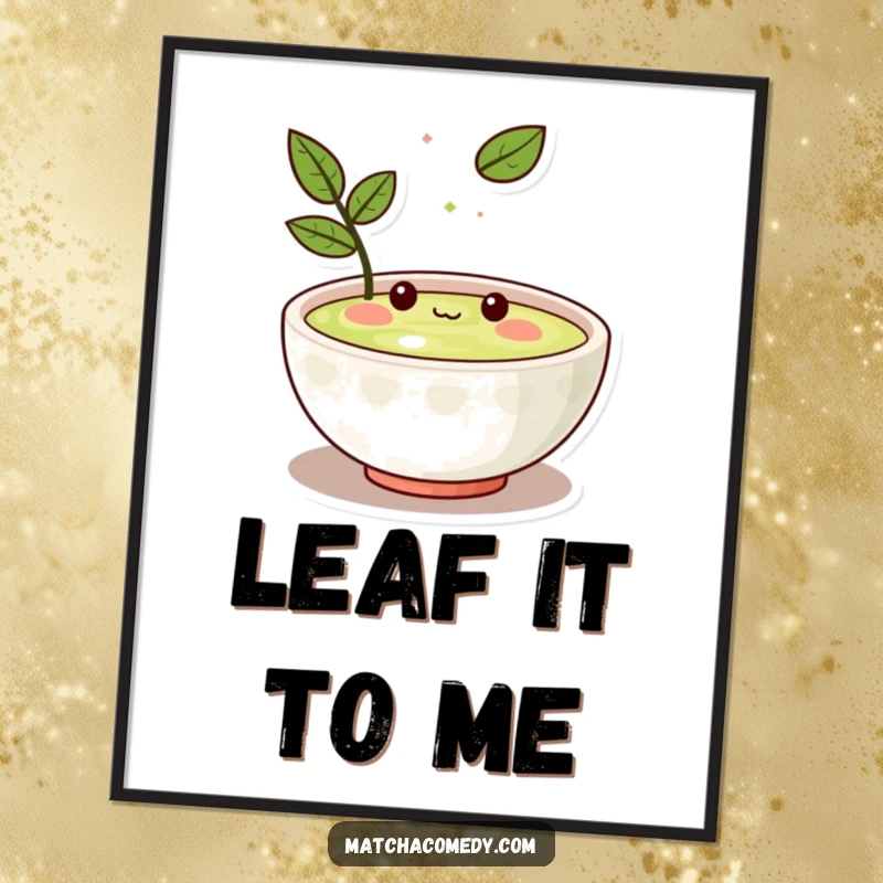 Funny Kawaii matcha bowl character looking amused by a single floating leaf, high-resolution digital art, perfect for framing.