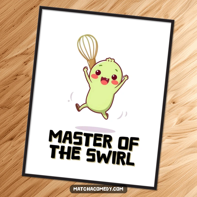 Funny digital art print of a small, anthropomorphic matcha whisk performing an entertaining and funny acrobatic move with great energy.