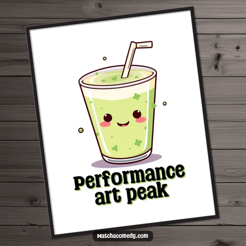 Funny Kawaii matcha drink performing a mic drop in this dramatic and humorous digital art print.