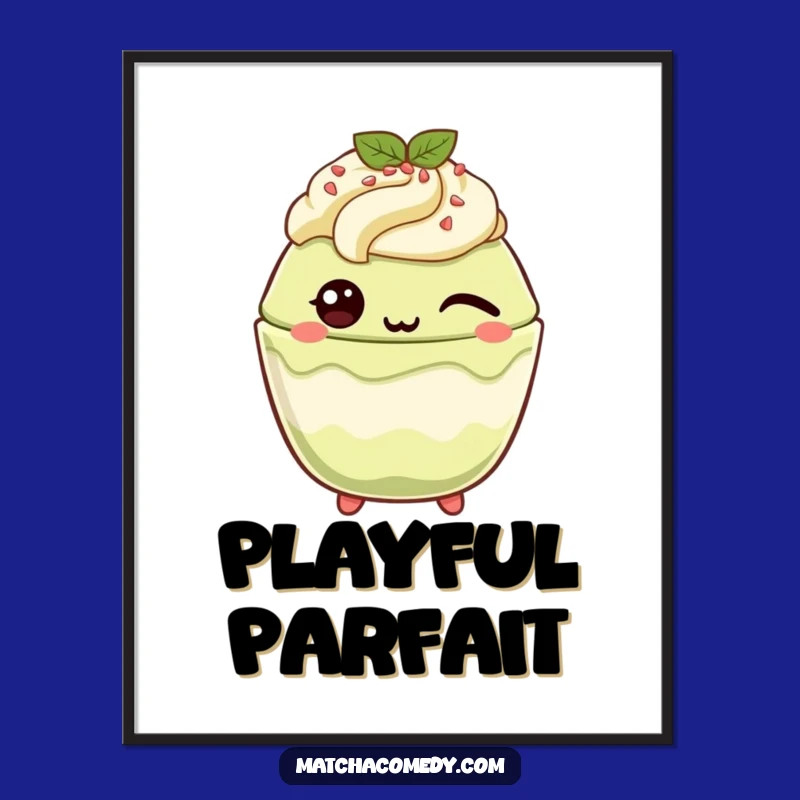 Funny Winking Matcha Parfait Digital Art Print: Playful Decor