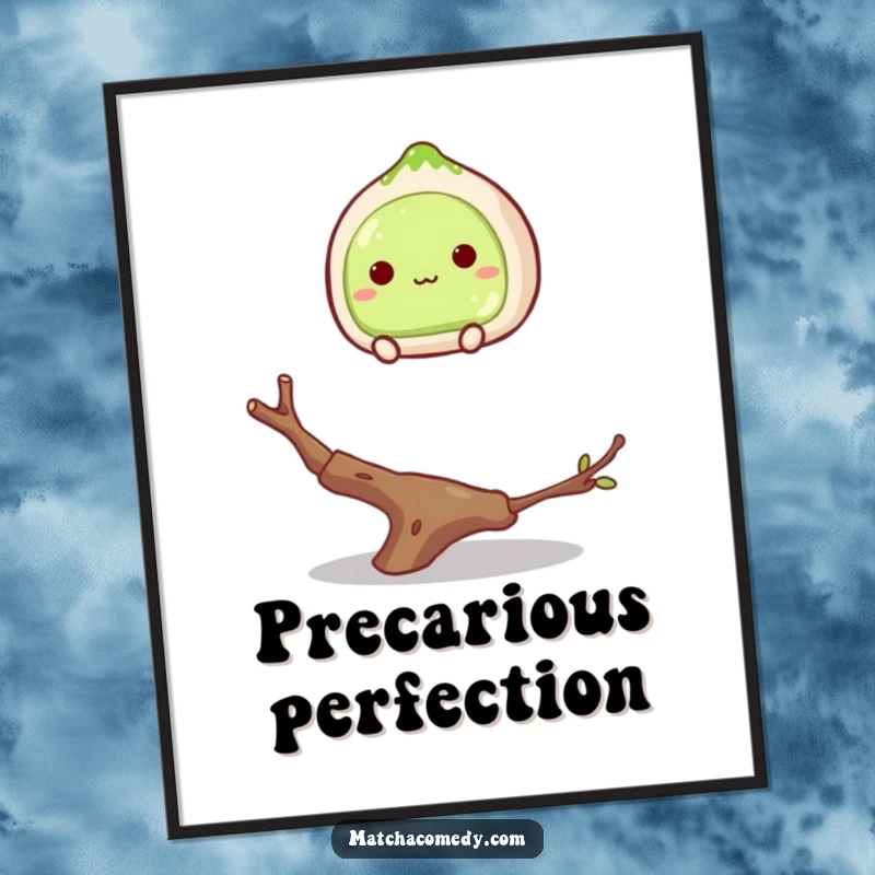 Funny matcha mochi balancing on a twig, looking like it might tumble, high-resolution digital art for printing.