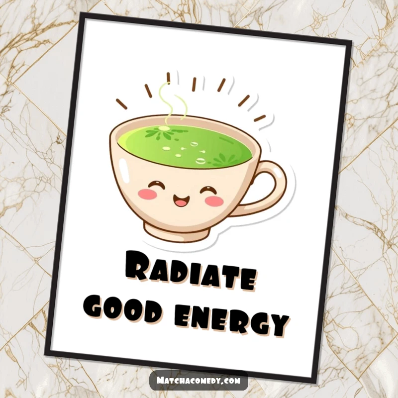 Funny digital art print of a joyful matcha cup with radiating steam, offering an instant pop of happiness for your decor.