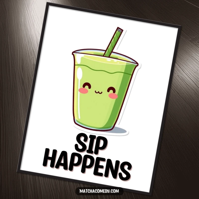 Funny Kawaii matcha beverage character with a humorous straw, high-resolution digital art, perfect for framing and display.