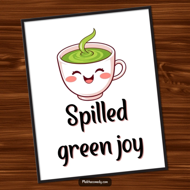 Funny laughing kawaii matcha tea cup with smiley face, spilling green liquid, digital art.