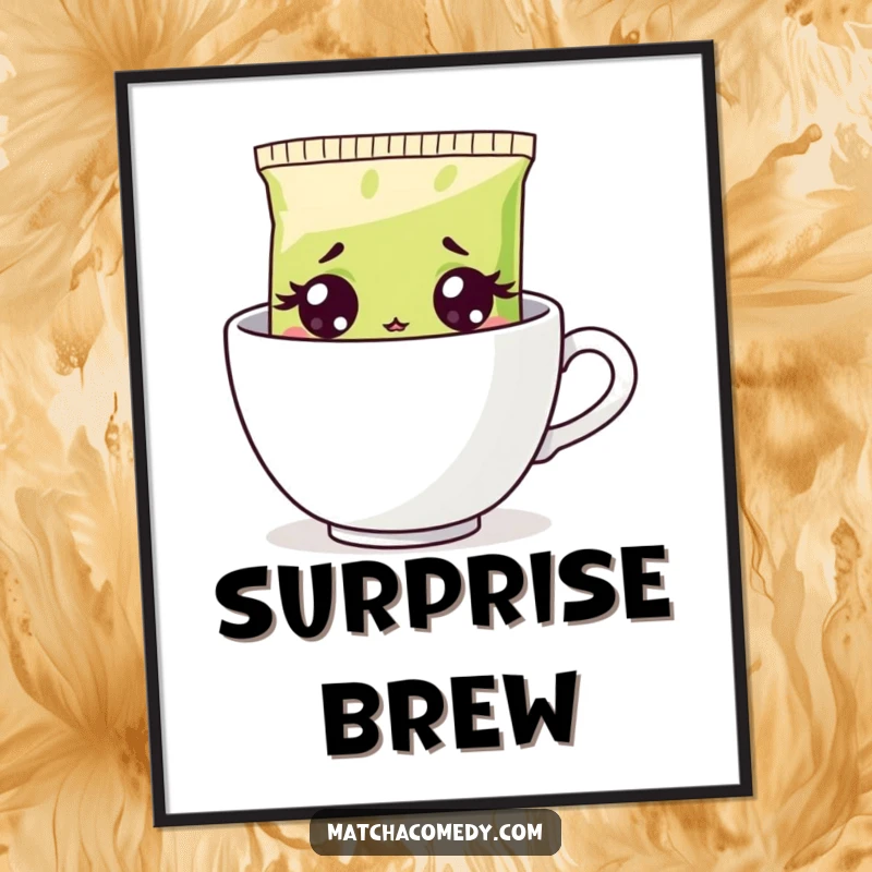 Funny surprised matcha tea bag peeking from a steaming cup, wide-eyed shock, high-resolution digital art for printing.