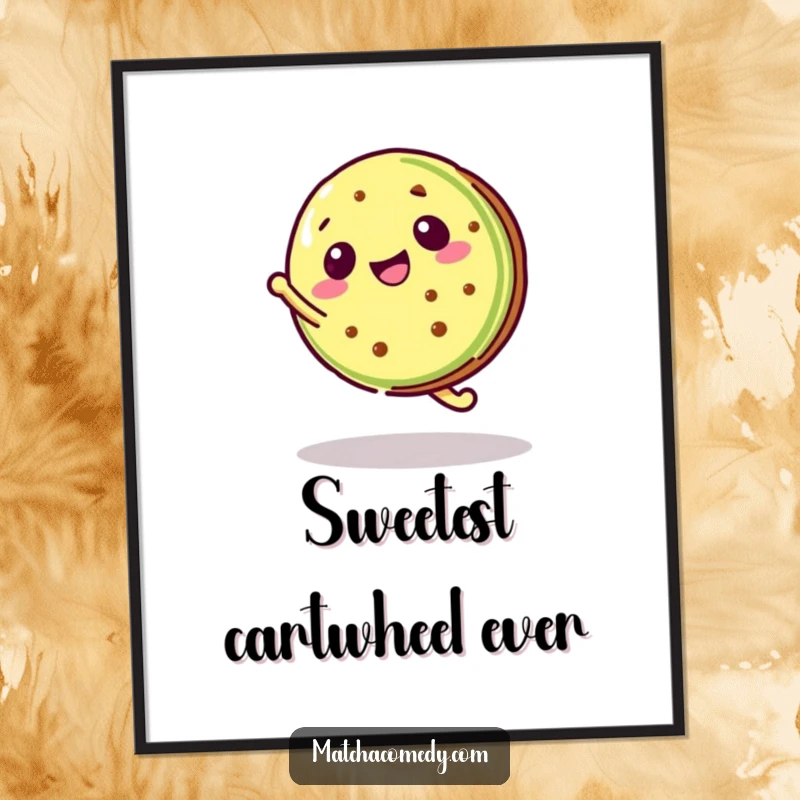 Funny Kawaii Matcha Cookie Digital Art Print of a matcha cookie doing a cartwheel, lively and fun.