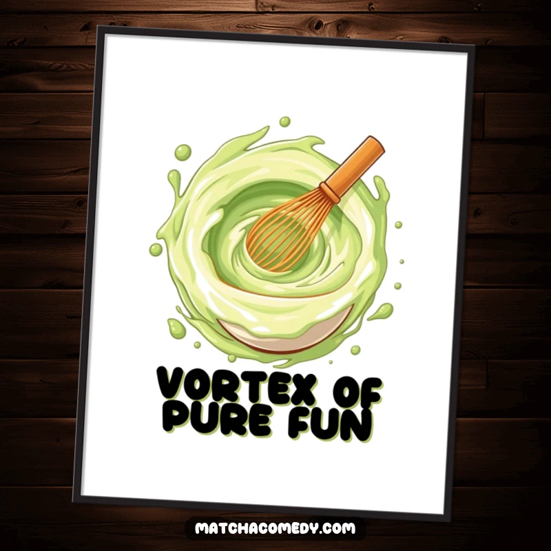 Funny matcha whisk stirring a swirling vortex of joy, digital art print, ideal for immediate whimsical decor.