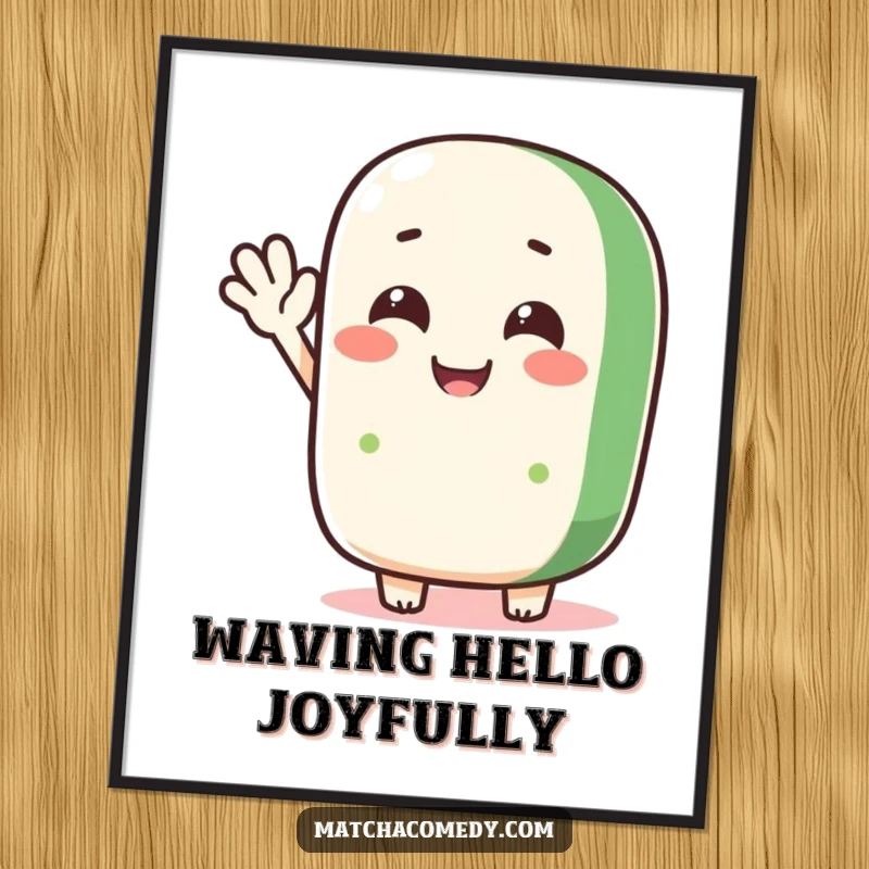 Funny matcha roll character waving hello, high-resolution digital art print, ideal for instant cheerful wall decor.