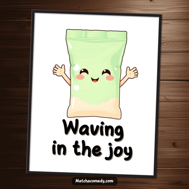 Funny matcha powder bag with arms waving happily, available as a high-resolution digital art print. Pure, cheerful friendliness.