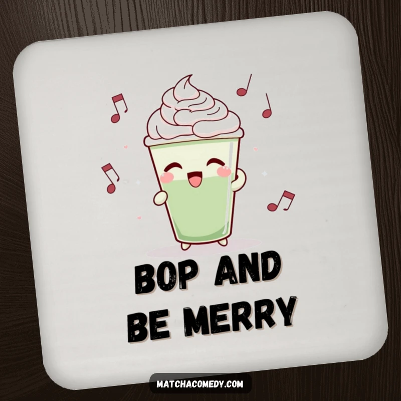 Funny matcha latte cup bobbing rhythmically to music, serving as a functional and humorous drink coaster.