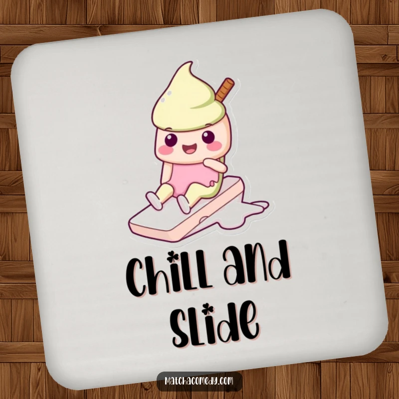 Funny Kawaii matcha ice cream coaster with a happily sliding character, protecting surfaces with a playful, sweet design.