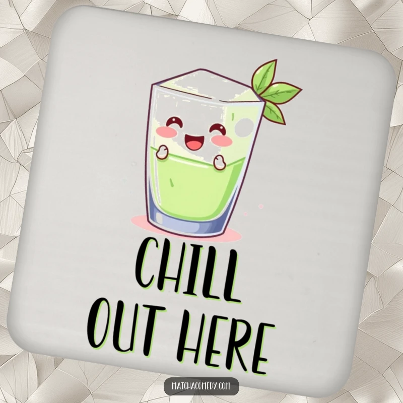 Funny smiling matcha ice cube leaping from a glass, featured on a set of drink coasters. Cute and protective.