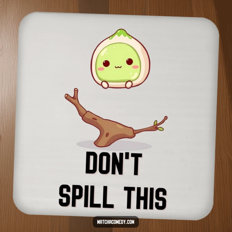 Funny matcha mochi balancing on a twig on a drink coaster, looking unsteady, a humorous and practical item.