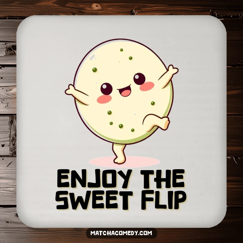 Funny Kawaii matcha cookie coaster performing a cartwheel, adding a sweet, humorous, and protective element to drink surfaces, ideal for gifting.