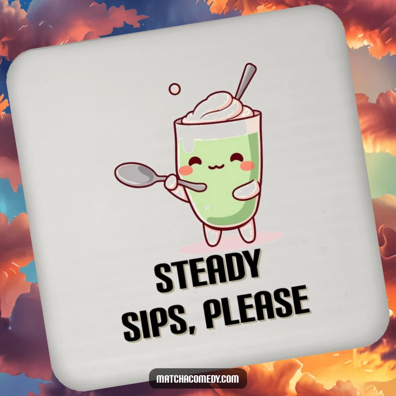 Funny Kawaii Matcha Latte Coaster: A humorous coaster featuring a cute character attempting a funny spoon balance act.