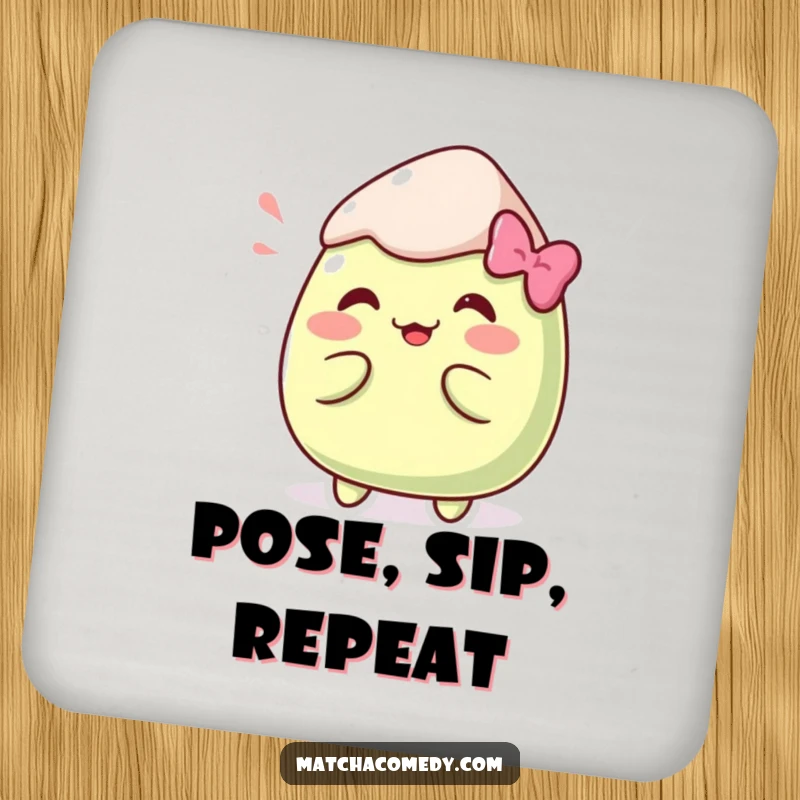 Funny Kawaii matcha mochi striking a silly pose on this protective and humorous coaster.