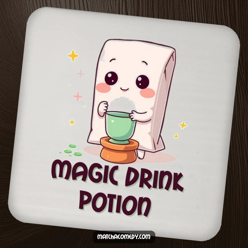 Funny Kawaii matcha powder bag performing a magic trick on this protective and enchanting coaster.