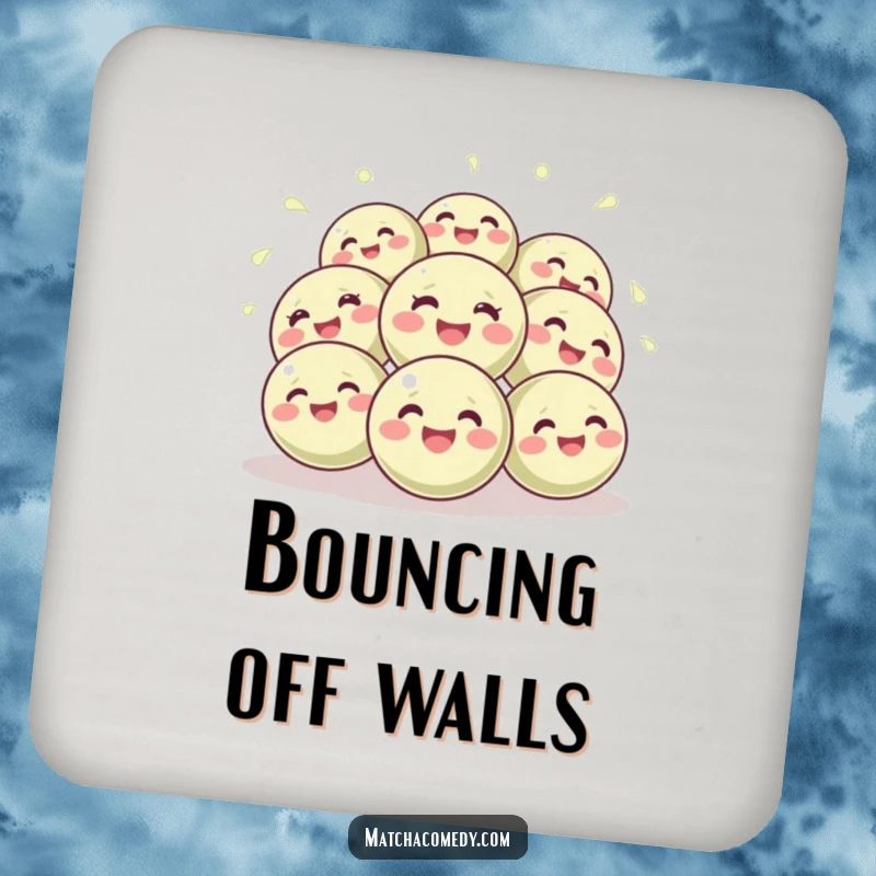 Funny drink coasters featuring playful illustrations of giggling matcha balls bouncing with infectious joy, adding cheer to any table.